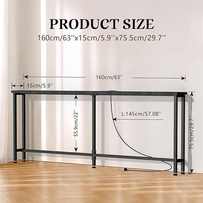 GRLEAF 63" Narrow Console Sofa Table with Built-in Power Strip (2 AC Outlets & 2 USB Ports) – 4.9ft Power Cord, Metal Frame, Easy Assembly, Ideal for Behind Couch, Hallway, and Home Office | Black
