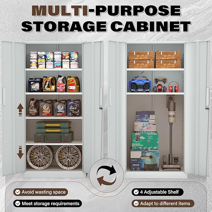 Metal Garage Storage Cabinet, 72” Lockable File Cabinets with 2 Doors and 4 Adjustable Shelves, Steel Tool Cabinets with Lock for Office, Home, Garage, Warm Grey