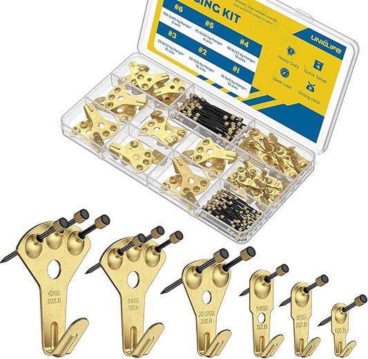 Uniclife 152 Pcs Picture Hanging Kit, 10 lb, 20 lb, 30 lb, 50 lb, 75 lb, 100 lb Heavy Duty Picture Hangers for Drywall & Wood, Picture Hanging Hooks, Frame Hooks for Hanging Photos Mirrors Paintings