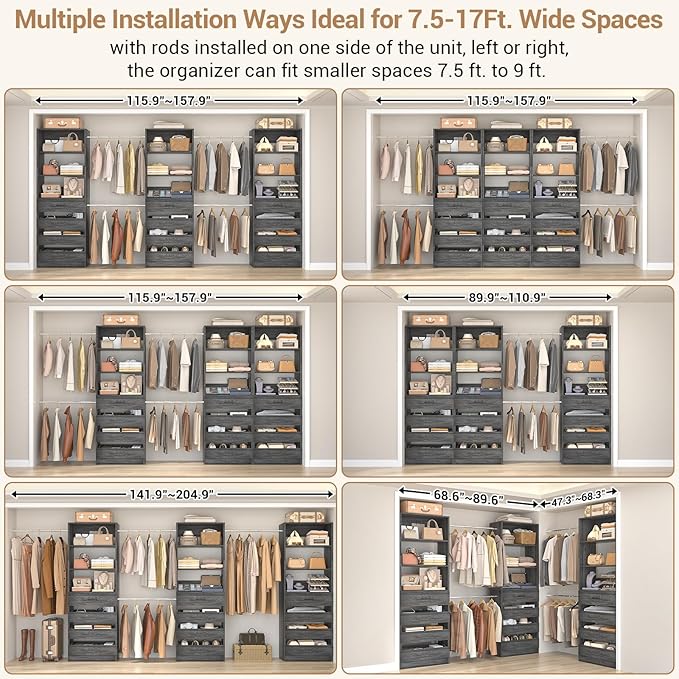 Aheaplus Closet System with 12 Drawers, 8.5-11.5Ft Wood Closet Organizer System with 4 Hanging Rods & 3 Towers, 4Ft & 6Ft L-Shaped Walk-in Closets Wardrobe Organizer Clothes Rack, Set of 3, Black Oak