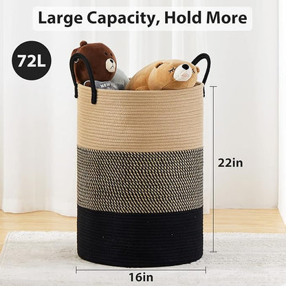 72L Large Woven Laundry Hamper by Fiona's magic, Tall Cotton Rope Storage Basket, Jute Baby Nursery Hamper for Blankets, Toys and Clothes in Bedroom and Living Room Organizing, Brown & Black