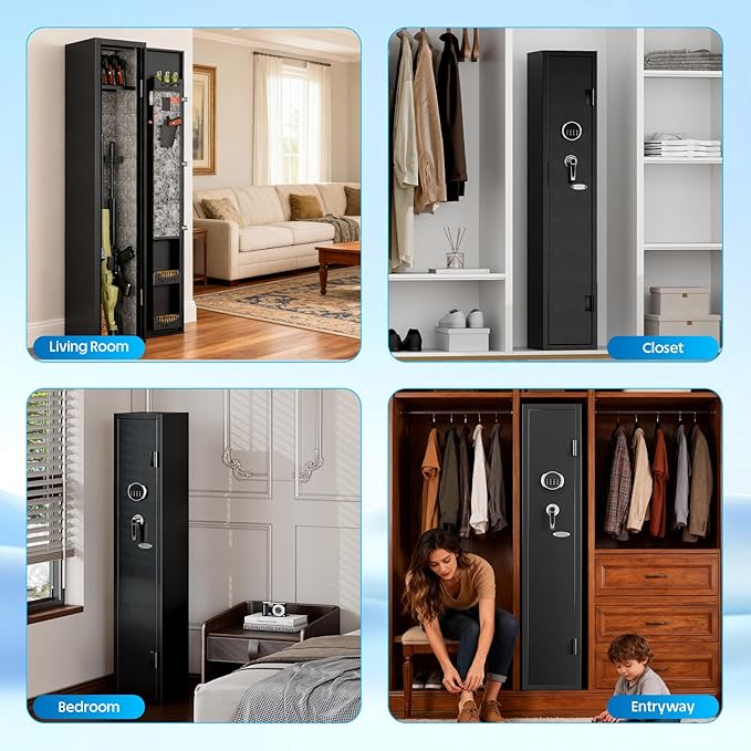 KAER 2-3 Gun Safe for Rifles and Pistols Guns Cabinet for Shotguns Quick Access Long Rifle Safes with Removable Rack LED Light Adjustable Shelves for Home Living Room Bedroom Closet Cloakroom (Black)
