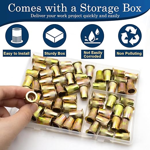 5/16"-18 UNC Rivet Nut, 60Pcs Zinc Plated Finish Carbon Steel Flat Head Threaded Insert Nutsert Kit