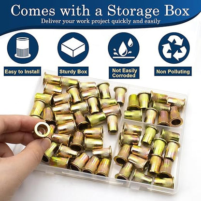5/16"-18 UNC Rivet Nut, 60Pcs Zinc Plated Finish Carbon Steel Flat Head Threaded Insert Nutsert Kit