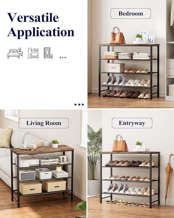 Kitsure Shoe Rack for Closet, Rustic Brown Shoe Organizer with Leveling Feet, Sturdy & Rust-Proof Shoe Storage for Entryway, Bedroom, Living Room, 29.5" x 11.4" x 24.8", Brown