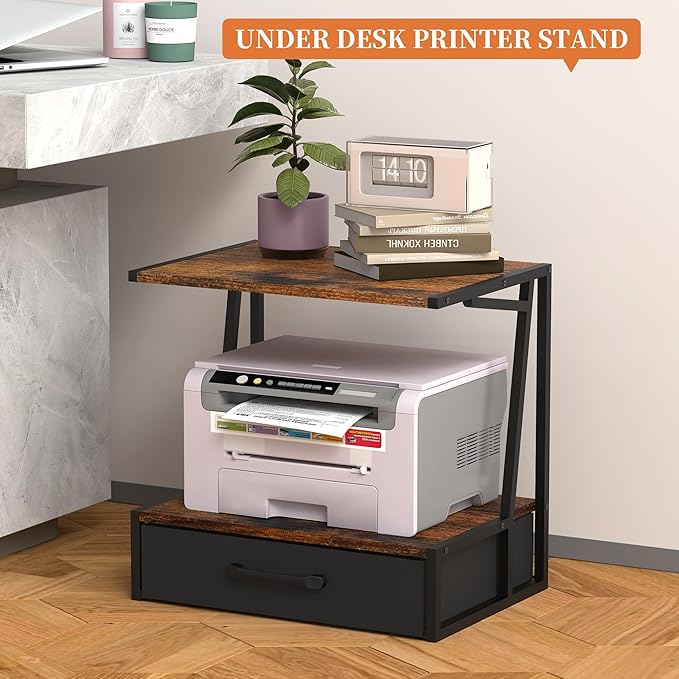 Alyoen Printer Stand for Desk with Storage Drawer, 3 Tier Desktop or Under Desk Printer Shelf, Large Printer Table Organizer for Home Office, Fit Fax Machine, Scanner