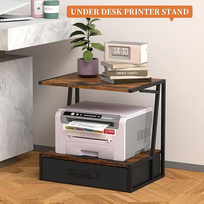 Alyoen Printer Stand for Desk with Storage Drawer, 3 Tier Desktop or Under Desk Printer Shelf, Large Printer Table Organizer for Home Office, Fit Fax Machine, Scanner