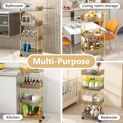 4-Tier Acrylic Rolling Storage Cart, Rolling Utility Cart, Kitchen Storage Cart with Wheels for Bathroom,Living Room, Kithcen, Office Storage and Organization (14''X10''X37'')(Amber)