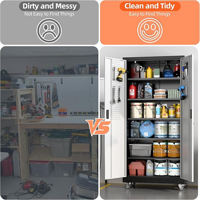 Aobabo 71" H×32" W×16" D Metal Storage Cabinet with Wheels, Garage Steel Storage Cabinet with 5 Adjustable Shelves and 4 Hooks for Home Office,Kitchen, Black Silver,Assembly Required