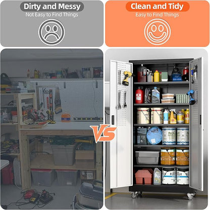 Aobabo 71" H×32" W×16" D Metal Storage Cabinet with Wheels, Garage Steel Storage Cabinet with 5 Adjustable Shelves and 4 Hooks for Home Office,Kitchen, Black Silver,Assembly Required