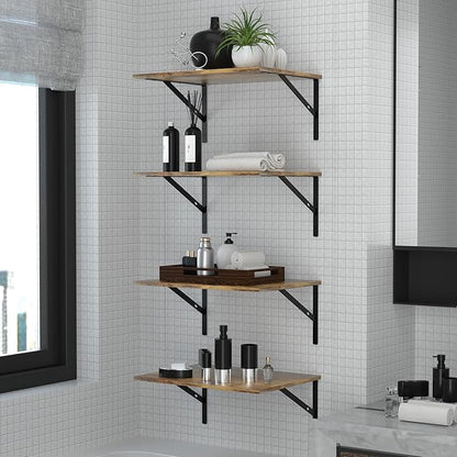 Deep Floating Wall Shelves - 4 Sets of 12 Inch Wide Rustic Brown Wood Shelves for Bathroom, Bedroom, Kitchen, Living Room