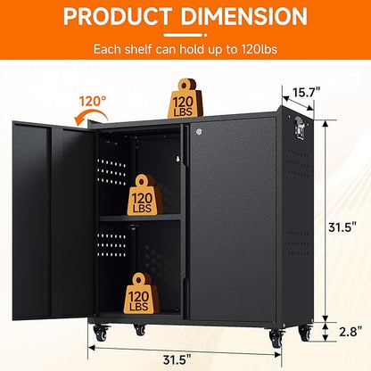 Heavy Duty Steel Metal Storage Cabinet with Wheels, Locking Doors and Adjustable Shelves - Black, Ideal for Garage, Warehouse, Office, School, Home