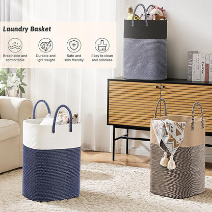 Laundry Basket,Woven Cotton Rope Laundry Hamper,Versatile Storage for Dirty Clothes,Baby Toys,and Blankets in Bathroom, Nursery,and Living Room (Black, 100L)