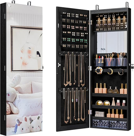 Mirror Jewelry Cabinet,Lockable Wall or Door Mounted Jewelry Armoire Organizer With Built-up Mirror,LED Lights, Drawers,Cosmetic Trays,Shelves, 14.4"x3.15"x 43.1"（Black）