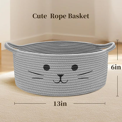 Large Cat Toy Basket - Gift Baskets Empty for Baby Shower Baby Baskets for Nursery Cute Woven Rope Storage Basket for Home Decor, Cat Pet toy box, Grey Easter basket, 13" D x 6" H