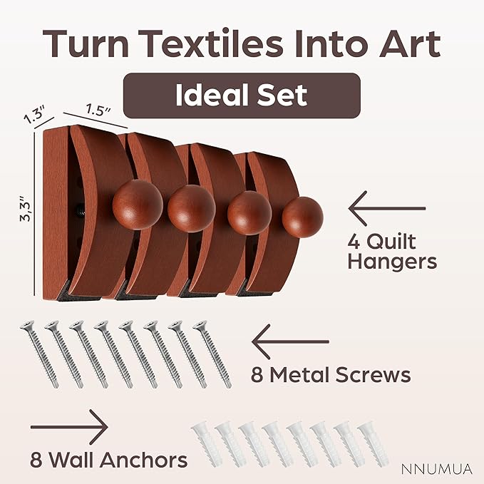 Quilt Hanger for Wall for Display Beech Wood - Adjustable Heavy Duty Quilt, Rug & Tapestry Hangers for Walls - 4 Pack with Hardware