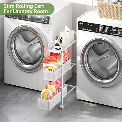 KINGRACK 3-Tier Slim Storage Cart with Pull Out Basket, Rolling Bathroom Organizer Utility, Metal Shelving Unit Slide Out, Lockable Wheels, Easy Assembly for Narrow Place, Kitchen, Laundry Room, White