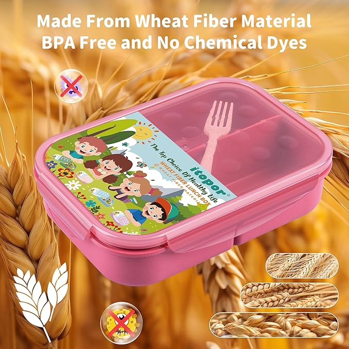 Wheat Straw Lunch Box, Leakproof 3-Compartment Bento Box for Kids & Adults, BPA-Free Lunch Containers, Microwave & Dishwasher Safe, 5.5 Cup (Muted Red)
