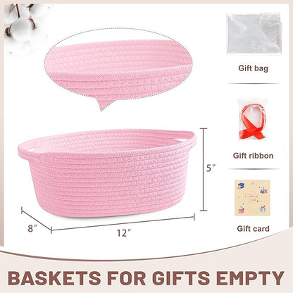Small Woven Pink Gifts Basket for Storage Empty with Ribbons and Bags Durable Cute Gifts 12"X 8" X 5" Small Rope Basket for Gifting
