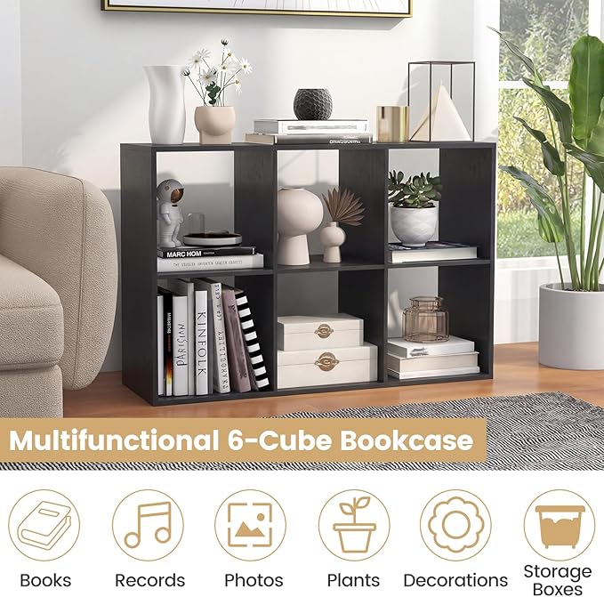 Giantex 6-Cube Bookcase, Cubby Bookshelf w/Back Guardrail & Anti-Tipping Kits, 9-Tier Freestanding Storage Organizer with Shelves, Open Back Display Rack for Living Room, Bedroom, Study
