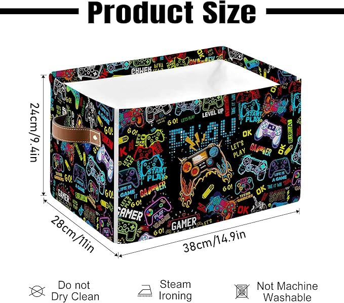 Gamer Storage Basket - Video Game Themed Collapsible Bin with Handles - Cool Controller Print Organizer for Gaming Room, Accessories and Collectibles - Gamer Gifts for Men and Boys