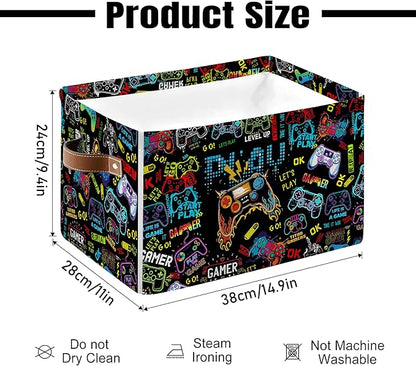 Gamer Storage Basket - Video Game Themed Collapsible Bin with Handles - Cool Controller Print Organizer for Gaming Room, Accessories and Collectibles - Gamer Gifts for Men and Boys