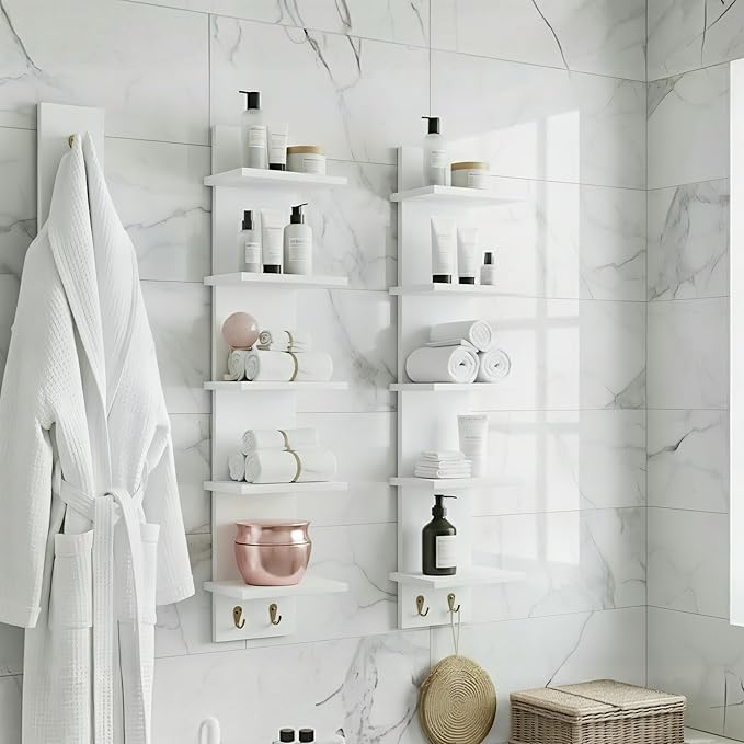 Sorbus 5 Tier Wall Shelf Unit with Hooks, Vertical Column Utility Shelving for Home Decor and Storage Organizer, Wall-Mounted Floating Shelves for Bathroom Storage, Bedroom, Living Room