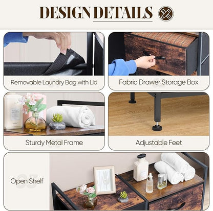 Laundry Hamper, Laundry Basket, Laundry Sorter with 3 Cloth Drawer and 1 Large Removable Dirty Clothes Bag, Shelf, Metal Frame, Wooden Tabletop, 30.8 x 11.3 x 29.1 Inches, Rustic Brown and Black
