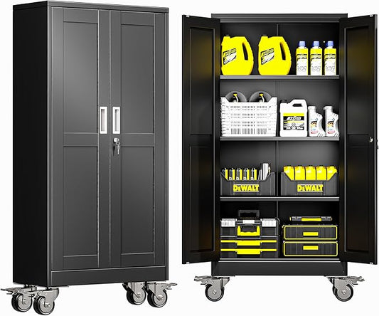 Metal Garage Storage Cabinet with Lock, 61” Tall Lockable File Cabinet with Wheels, Steel Tool Cabinet with 2 Door and 3 Adjustable Shelves, Rolling Cabinet for Home Office Garage Gym - Black