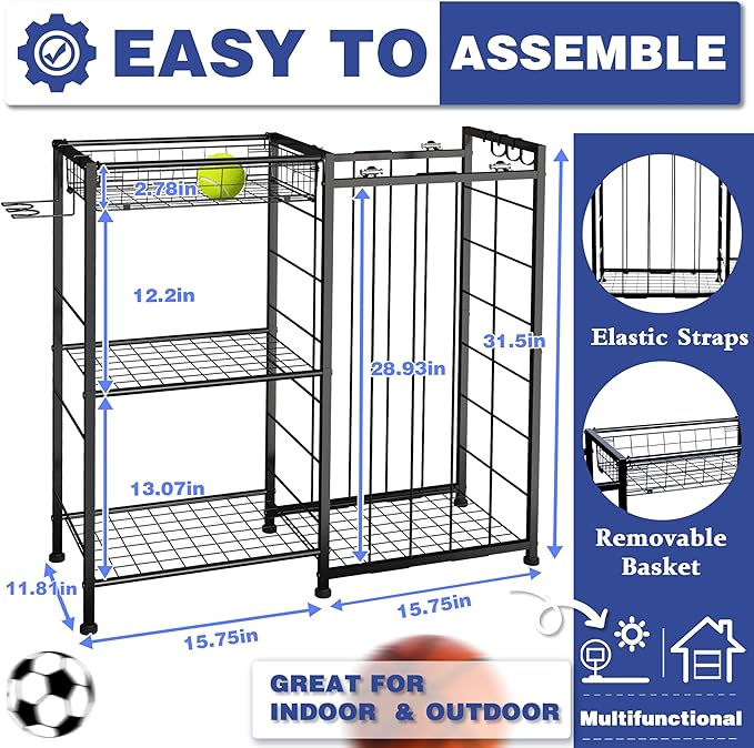 Sports Equipment Organizer, Ball Storage Rack with Elastic Straps and Removable Basket for Garage Organization, Garage Organizer with Hooks for Toy Sports Gear Storage, Sports Ball Storage Cart, Black