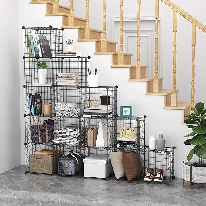 C&AHOME Wire Cube Storage, 16 Cubes Organizer Metal Grids Storage, Storage Bins Shelving, Modular Bookshelf Shelf, DIY Closet Cabinet Ideal for Bedroom, Office 48.4”L x 12.4”W x 48.4”H Black