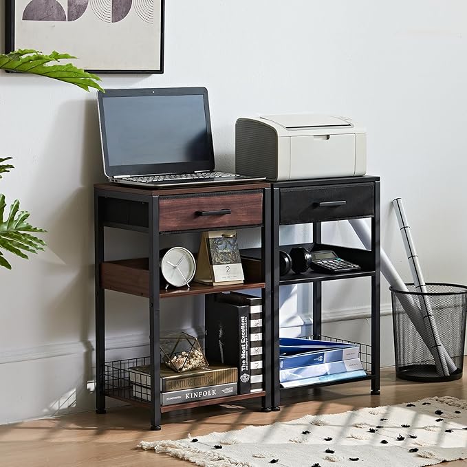 Lerliuo Walnut Printer Stand with Fabric Drawer, 3 Tier Industrial Side Table, Modern Small Printer Desk Holder with Storage Shelf,Multi-Functional Bedside Tables for Home Office Fax Machine Scanner