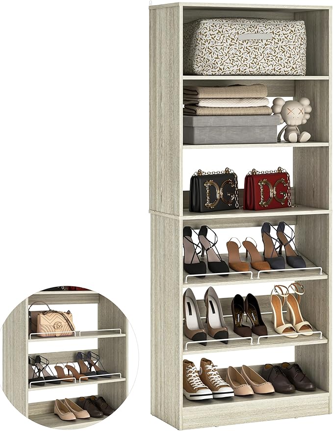 Unikito 25” Closet Organizer Systems, Freestanding Shoe Storage Shelves, Standalone Wood Shoe Racks, Heavy Duty Walk in Closet Tower for Bedroom, Entryway and Mudroom, 25" W x 16" D x 80" H, White Oak