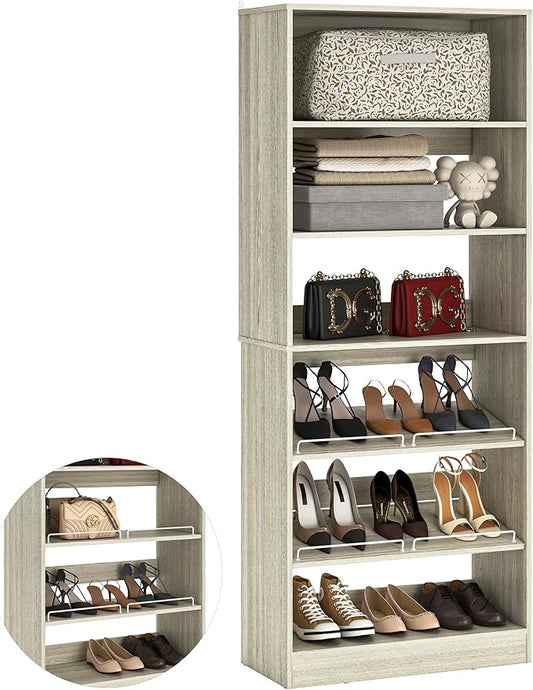 Unikito 25” Closet Organizer Systems, Freestanding Shoe Storage Shelves, Standalone Wood Shoe Racks, Heavy Duty Walk in Closet Tower for Bedroom, Entryway and Mudroom, 25" W x 16" D x 80" H, White Oak