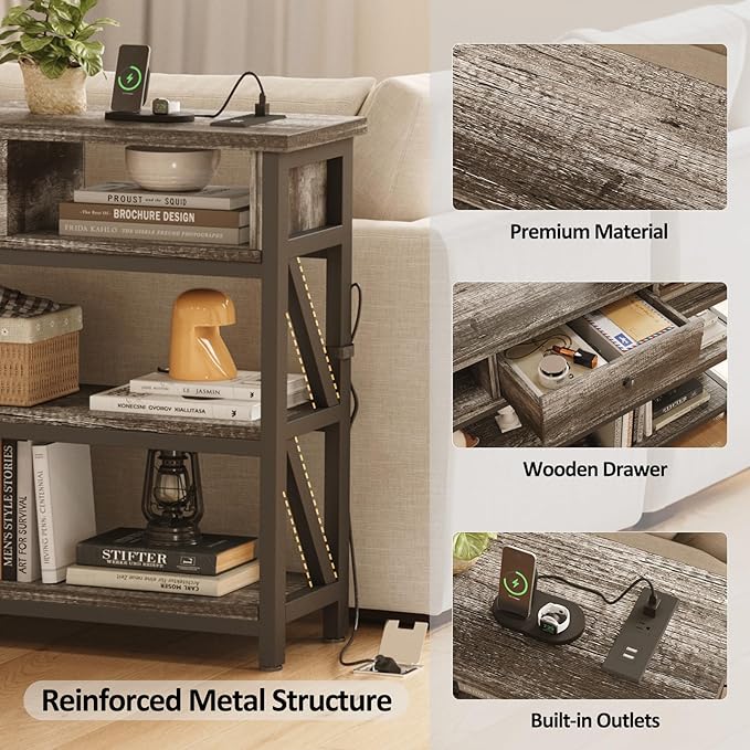 Mexin 39 Inch Console Table with 2 Outlet and 2 USB Ports, Entryway Table with Drawer and Storage Shelves, Narrow Sofa Table for Living Room and Hallway, Grey Oak