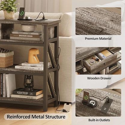 Mexin 39 Inch Console Table with 2 Outlet and 2 USB Ports, Entryway Table with Drawer and Storage Shelves, Narrow Sofa Table for Living Room and Hallway, Grey Oak