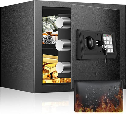 Safe Box, Fireproof Home Safe with Fireproof Waterproof Bag, 9.84 Inches Tall Anti-Theft Digital Security Lock Box with Smart Alert System, Removable Shelf, Mute Function, Document Safes for Jewelry