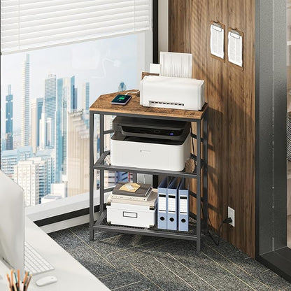 Corner Printer Stand with Charging Station, 3-Tier Large Printer Table with Adjustable Feet, Metal Frame Storage Shelf for Office, Living Room, Small Space, Rustic Brown PTHR14E01