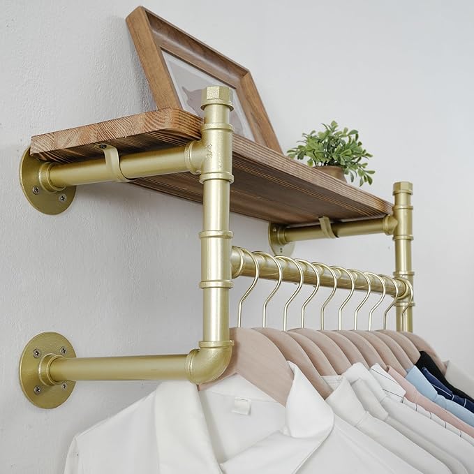 WEBI Wall Mounted Clothes Rack with Shelf,27" Industrial Pipe Clothing Rack with Shelf with Hanging Rod,Heavy Duty Iron Garment Rack Bar,Retail Display Clothes Rod for Laundry Room,Closet,Gold