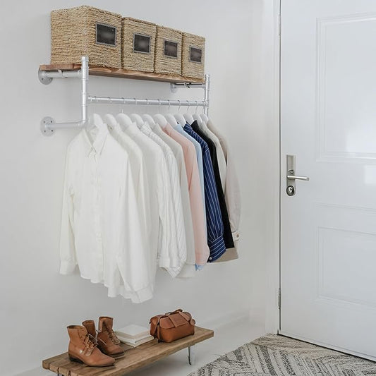 WEBI Wall Mounted Clothes Rack with Shelf,41.3" Industrial Pipe Clothing Rack with Shelf with Hanging Rod,Heavy Duty Iron Garment Rack Bar,Retail Display Clothes Rod for Laundry Room,Closet,Silver