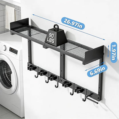 Broom Holder Wall Mount, 27" Large Mop and Broom Organizer Wall Hanging with Top Storage Shelf & Vacuum Hook, Heavy Duty Iron Utility Rack for Laundry Room, Garage, Kitchen, Garden - Black