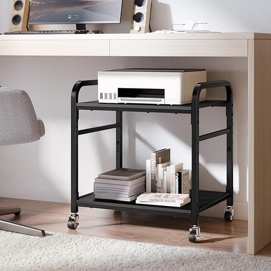 niffgaff 2 Tier Under Desk Printer Stand with Storage, 22" Rolling Printer Cart with Lockable Wheels, Height Adjustable Shelf for Home Office, Black