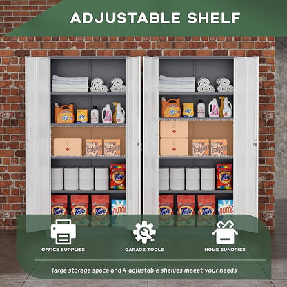 Greenvelly Metal Storage Cabinet, 72" Locking Metal Garage Storage Cabinet with Doors and 4 Adjustable Shelves, Lockable Steel Cabinet for Home Office, Garage, Shop, School (White Grey 32" W x 16" D)