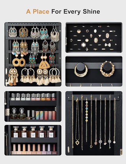 Nicetree Mirror Jewelry Cabinet Standing, Lockable Jewelry Cabinet Armoire with 2 Drawers, Full Length Mirror with Jewelry Storage, Christmas Gifts, Black