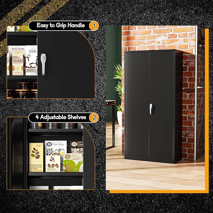 Greenvelly Metal Storage Cabinet with 2 Doors, Black 72” Steel Storage Wardrobe Cabinet, Employees Locker Closet Clothing Coat Steel Wardrobe Cabinet with Hanging Rod for Garage, Gym, Home Office
