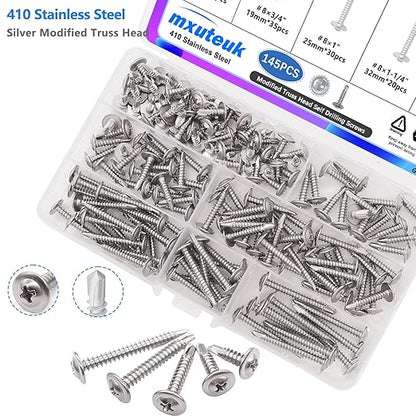 mxuteuk #8 Self Tapping Screws,410 Stainless Steel Self Tapping Screws for Metal,(1/2",5/8",3/4",1",1-1/4") Modified Truss Head Self Drilling Screw Sheet Metal Screw for Metal(115PCS)