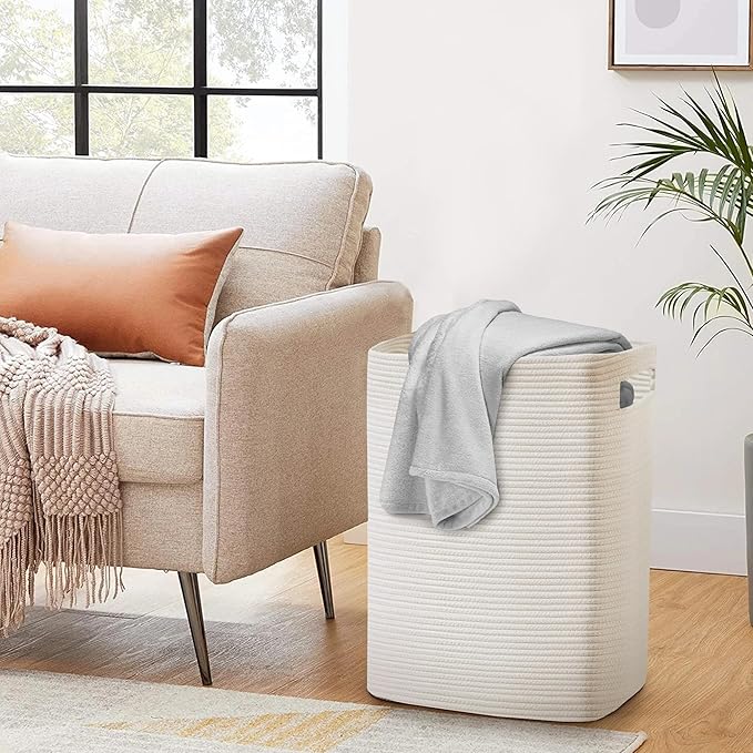 Large Laundry Hamper 16"x13"x22" - Tall Woven Laundry Basket, Cotton Rope Dirty Clothes Hamper, Baby Kids Nursery Wicker Laundry Basket, Bedroom Aesthetic, Soft Laundry Bin, White Hamper, 75L