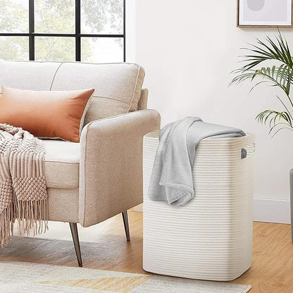 Large Laundry Hamper 16"x13"x22" - Tall Woven Laundry Basket, Cotton Rope Dirty Clothes Hamper, Baby Kids Nursery Wicker Laundry Basket, Bedroom Aesthetic, Soft Laundry Bin, White Hamper, 75L