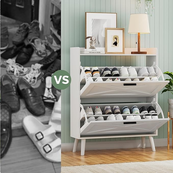 32" W Farmhouse Shoe Storage Cabinet with 2 Flip Drawers and Barn Door Design, Adjustable Shelves, Modern Hidden Slim Narrow Shoe Rack Cabinet for Entryway, Foyer, Hallway, Living Room, White