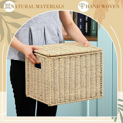 1 Pack Paper Rope File Box Organizers Collapsible Letter Size Filing Cabinet with Lid Woven Hanging File Basket Portable Decorative Document Storage Box for Office/Decor/Home (Letter Size)